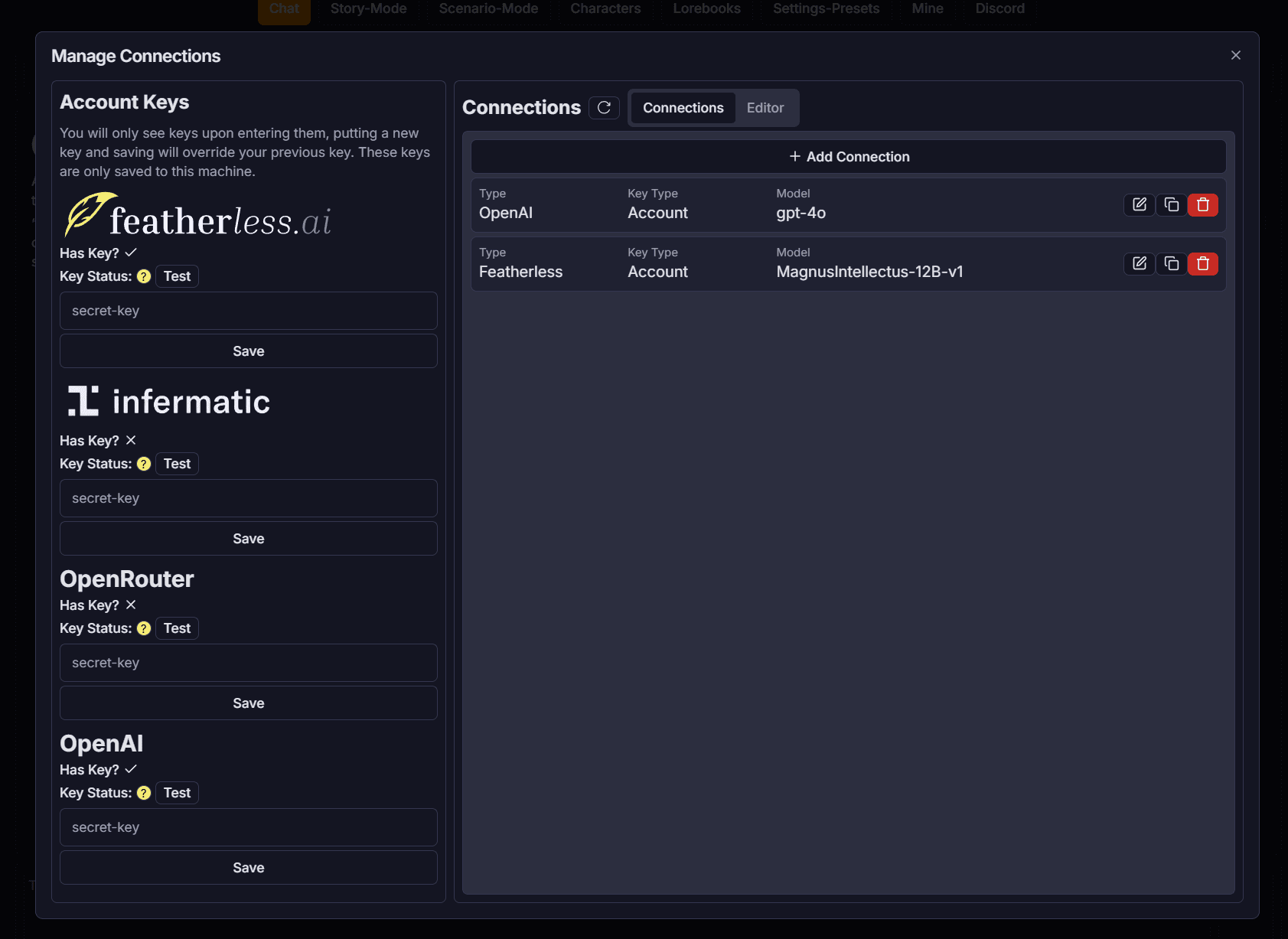 Connections Menu Mobile